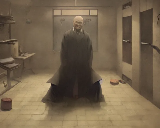 Image similar to a 50 year old brunnete chinese man standing in a morgue funereal next to the grim reaper, horror scene, dramatic, anime art, Greg Rutkowski, studio ghibli, dramatic lighting