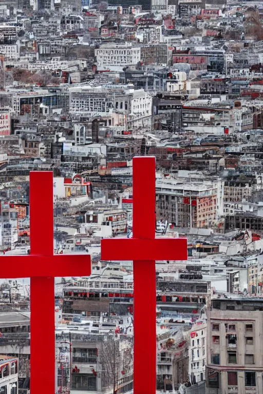 Image similar to Three giant red crosses in the center of a city