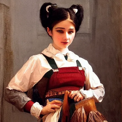 Image similar to maid!!! cosplay, symmetric beautiful face, orientalism portrait of a cute young woman with twin tails by Edwin Longsden Long and Theodore Ralli and Nasreddine Dinet and Adam Styk masterful intricate artwork