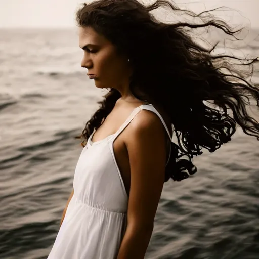 Image similar to A beautiful woman. beautiful face. melancholic. sad. in the middle of the ocean. detailed. photorealism. granular photography. tumultuous sea. cloudy. long wavy hair. long wavy white dress. black and white. 24mm lens. shutter speed 4/1. iso 100. f/2.8 W-1024