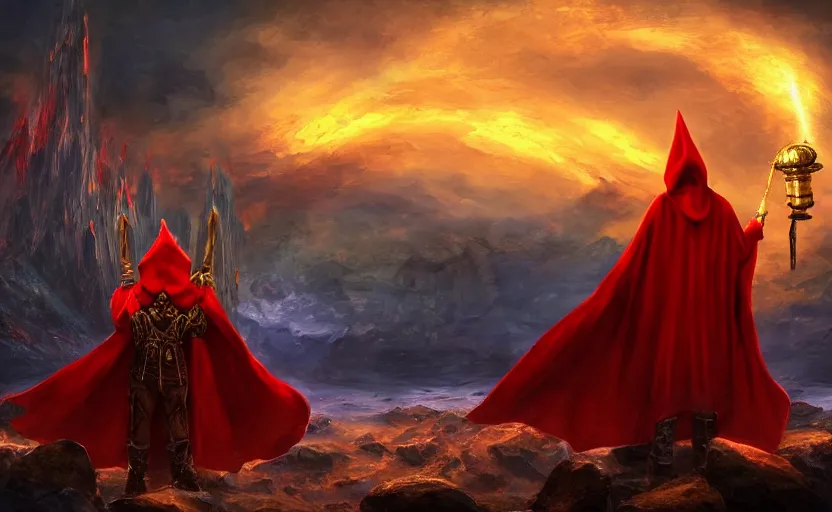 Prompt: red hooded mage, holding a golden bell, standing in front of an arcane gate to another realm, mindblowing, landscape art, ominous, magical, dnd, 4 k uhd, very detailed - n 9