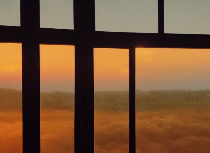 Image similar to poor quality photo of the sunrise through a window, brown sky