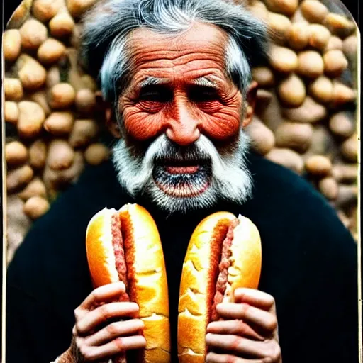 Prompt: Colour Photography of 1000 years old man with highly detailed 1000 years old face. Man eating hot-dog in style of Josan Gonzalez