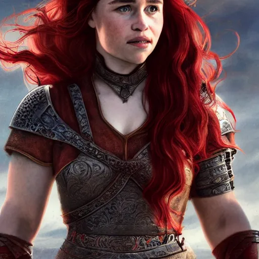 Image similar to emilia clarke, as a medieval fantasy character, with dark reddish hair, wearing light, silver armor and red clothing, tan complexion, holding a longsword, smiling, noble, cinematic, gloomy background, realistic, digital art, character art, 8 k