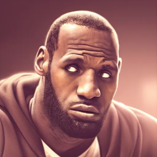 Image similar to lebron james solemn at tea party, melancholy, high detail shot, smoking, render, cgsociety, photorealism