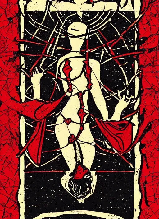 Image similar to tarot card of the doubts, meaning unsure destiny and self - discouragment, high quality image, modern digital art, stylish, black and red