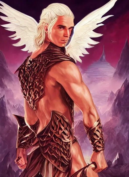 Prompt: handsome viserys targaryen as a muscular angel of battle, urban fantasy romance book cover, D&D!, fantasy style, sharp focus!, ultra detailed, art by Artgerm and Peter Andrew Jones, WLUP