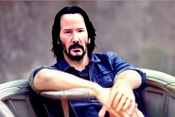 Image similar to “ very very intricate photorealistic photo of keanu reeves sitting on a bench, detailed natural lighting, award - winning crisp details ”