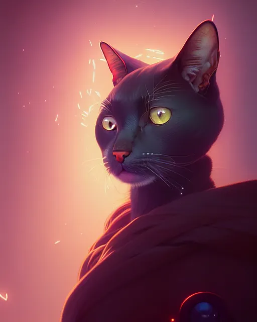 Image similar to portrait of humanoid cat, highly detailed vfx portrait, unreal engine, greg rutkowski, loish, rhads, beeple, makoto shinkai and lois van baarle, ilya kuvshinov, rossdraws, tom bagshaw, alphonse mucha, global illumination, detailed and intricate environment