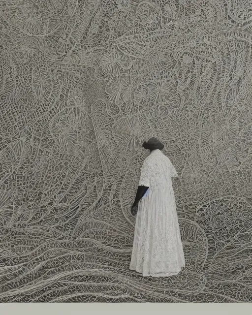 Image similar to a woman standing by the sea, made of intricate decorative lace leaf skeleton, in the style of the dutch masters and gregory crewdson, dark and moody