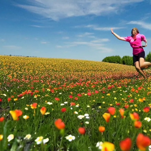 Prompt: humans running in a flower field with their hands in the air, funny facial expressions, eyes rolled back, 'the drugs are finally kicking in'