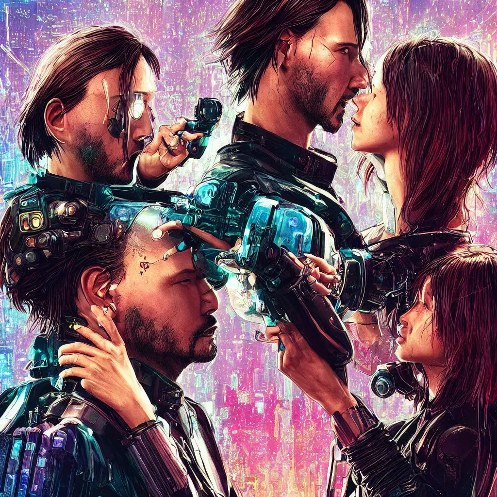 Image similar to a cyberpunk 2077 instagram couple portrait of a Keanu Reeves and a female android final kiss,love,film lighting,by Laurie Greasley,Lawrence Alma-Tadema,Dan Mumford,John Wick,Speed,Replicas,artstation,deviantart,FAN ART,full of color,Digital painting,face enhance,highly detailed,8K,octane,golden ratio,cinematic lighting