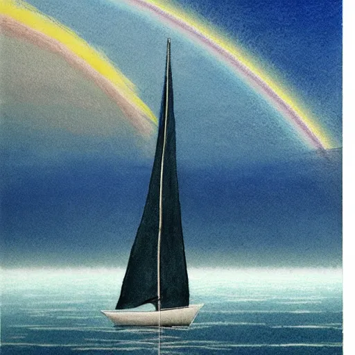 Image similar to etching peaceful by makoto shinkai, by donna huanca. a beautiful drawing of a sailboat sailing on a sea of clouds, with a rainbow in the background. the sailboat is crewed by a group of monkeys, & the sails are billowing in the wind.