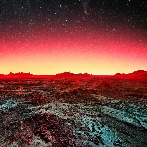 Image similar to a stunning, moody photograph from an alien planet. Vivid colors