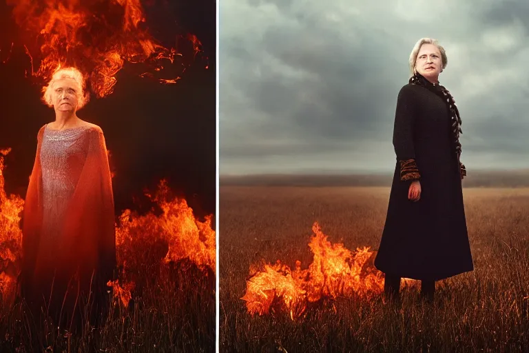 Prompt: a cinematic headshot portrait of a frozen middle aged woman stood in a field, field on fire, ultra realistic, depth, beautiful lighting, by annie leibovitz