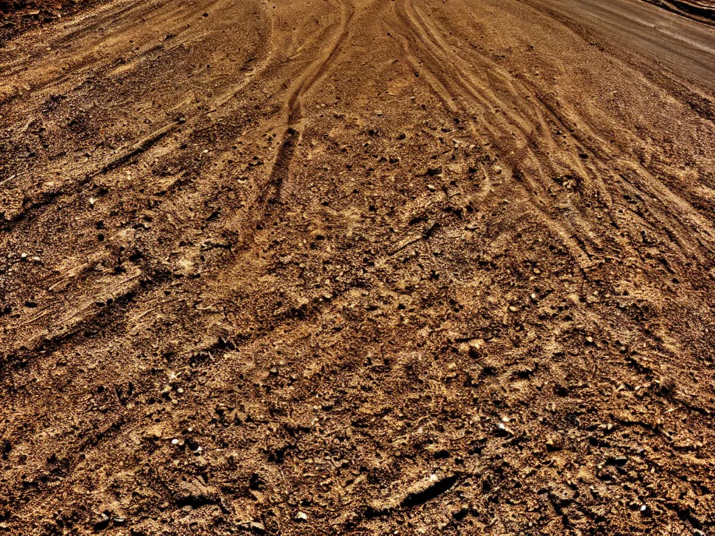 Prompt: a close up of a dirt road, highly textured