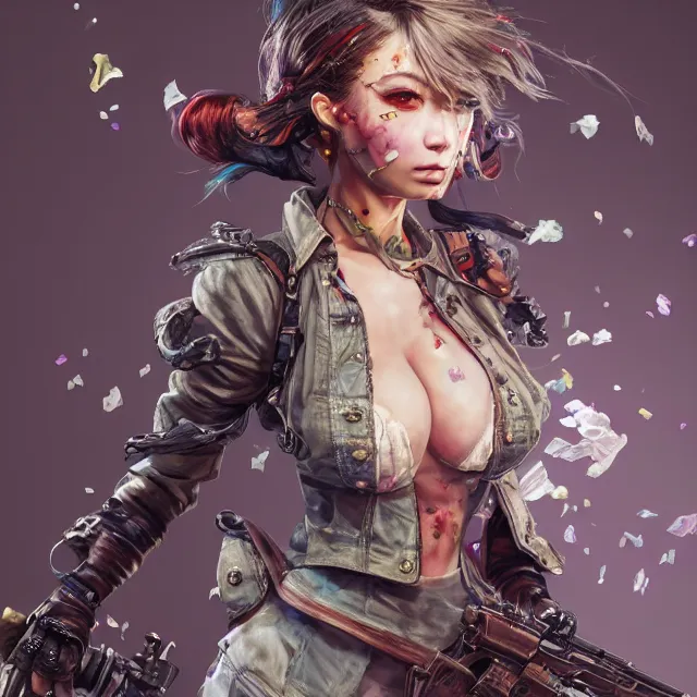 Prompt: the portrait of chaotic neutral colorful female gunner assassin as absurdly beautiful, gorgeous, elegant, playful, realistic young gravure idol, an ultrafine hyperdetailed illustration by kim jung gi, irakli nadar, highly detailed faces, sharp focus, intricate linework, octopath traveler, unreal engine highly rendered, global illumination, radiant light, detailed and intricate environment