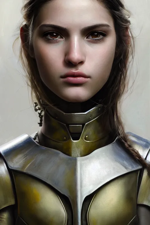 Image similar to a photorealistically painted portrait of an attractive young girl, partially clothed in dull metal-plated battle armor, olive skin, long dark hair, beautiful bone structure, symmetric facial features, perfect eyes, natural physique, intricate, elegant, digital painting, concept art, finely detailed, beautiful illustration, sharp focus, minimal artifacts, from Metal Gear, by Ruan Jia and Mandy Jurgens and Artgerm and William-Adolphe Bouguerea, in the style of Greg Rutkowski, trending on Artstation, award winning