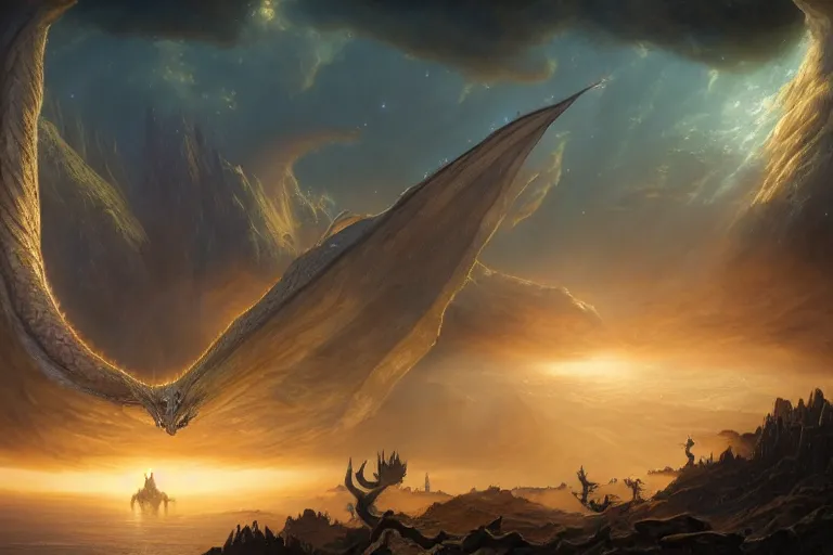 Image similar to Beautiful hyperrealistic detailed matte painting of a galaxy star dragon, looks like it's from lord of the rings and bazaar by greg rutkowski, andreas rocha and john howe, and Martin Johnson Heade,featured on artstation, ultrawide angle,f16 , golden ratio, f32, well composed, cohesive