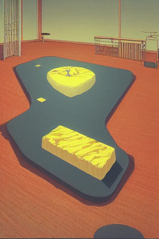 Image similar to a closeup portrait of a large golden cake in the middle of the room, embedded with spy listening devices planted by the government, acid and dreaming psychedelic hallucinations in the vast icy landscape of antarctica, by kawase hasui, moebius and edward hopper, colorful flat surreal design, hd, 8 k, artstation