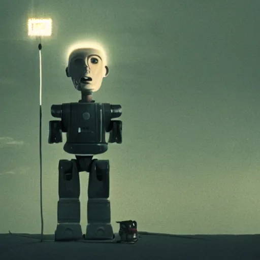 Image similar to movie scene of a man with a robot head, movie still, cinematic composition, cinematic lightning, Movie by David Lynch and Andrzej Żuławski