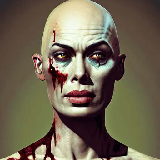 Image similar to color head portrait of bald lena headey as a zombie, 7 days to die zombie, gritty background, fine art, award winning, intricate, elegant, sharp focus, cinematic lighting, digital painting, 8 k concept art, art by michael hussar, art by brom, art by guweiz and z. w. gu, 8 k