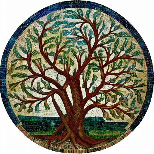 Image similar to fractal tree of life with adam, eve and the snake in the garden of eden, early 3 rd century mosaic