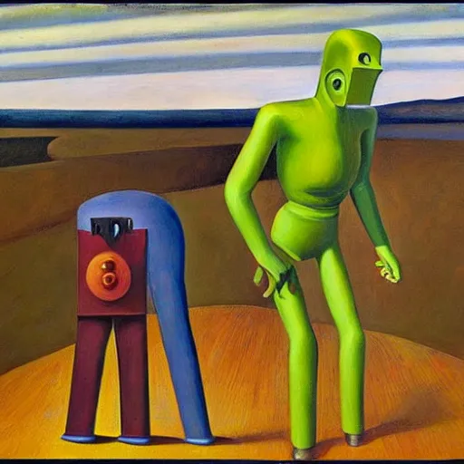 Image similar to prostrate robots, behemoth alien shaman god, grant wood, pj crook, edward hopper, oil on canvas