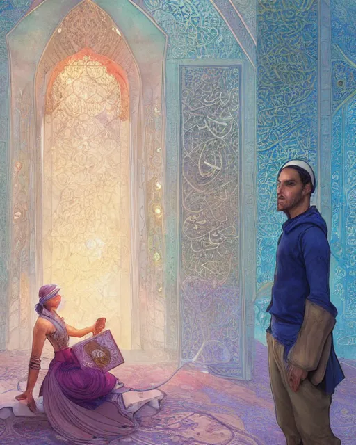 Prompt: chis pratt in front of an big open quran highly detailed, gold filigree, romantic storybook fantasy, soft cinematic lighting, award, disney concept art watercolor illustration by mandy jurgens and alphonse mucha and alena aenami, pastel color palette, featured on artstation