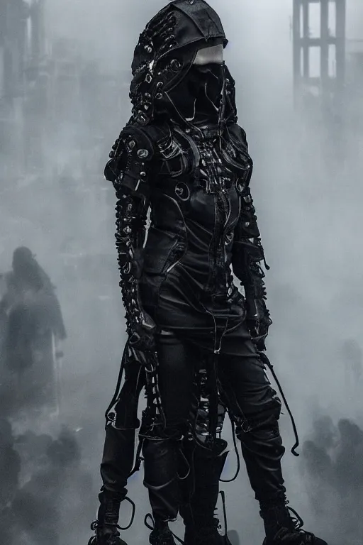 Prompt: avant garde techwear look and clothes, we can see them from feet to head, highly detailed and intricate, hypermaximalist, dystopian futuristic castle background, eerie fog, luxury, Rick Owens, Errolson Hugh, Yohji Yamamoto, cinematic outfit photo