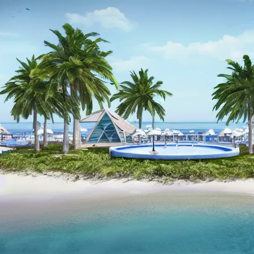 Image similar to architectural renderings, a seaside visitor center consisting of three mushroom - shaped buildings on the blue sea with tall coconut trees ， detailed