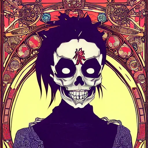 Image similar to anime manga skull portrait girl female skeleton illustration sunset artgerm comic Geof Darrow and Ashley wood and Ilya repin and alphonse mucha pop art nouveau