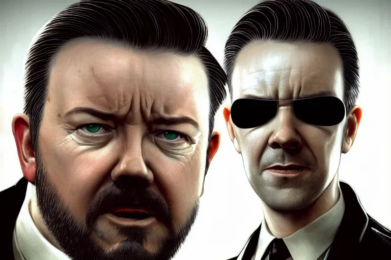 Image similar to closeup portrait of a ricky gervais as a hitman, the matrix, dramatic light, gorgeous view, depth, high detail, digital art, painted by greg rutkowski and seb mckinnon, by tim burton, trending on artstation