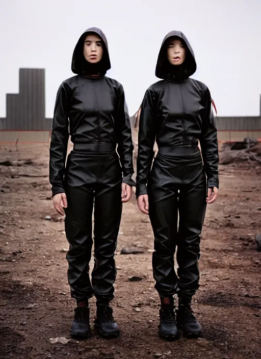 Image similar to cinestill 5 0 d photographic portrait of two caring clones, techwear women on a desolate plain, a brutalist dark metal building in the background, depth of field, 4 k, 8 k, hd, full color