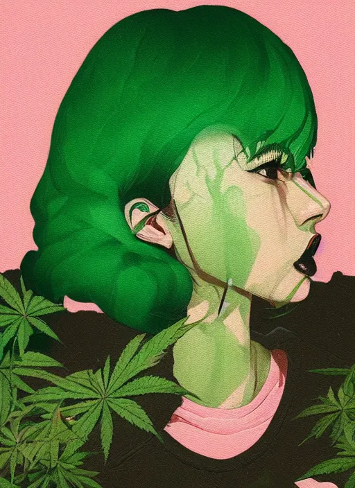 Image similar to cute girl profile picture by sachin teng x ofwgkta, weed, marijuana, organic painting, hard edges, masterpiece, smoke, asymmetrical, green, matte paint, energetic