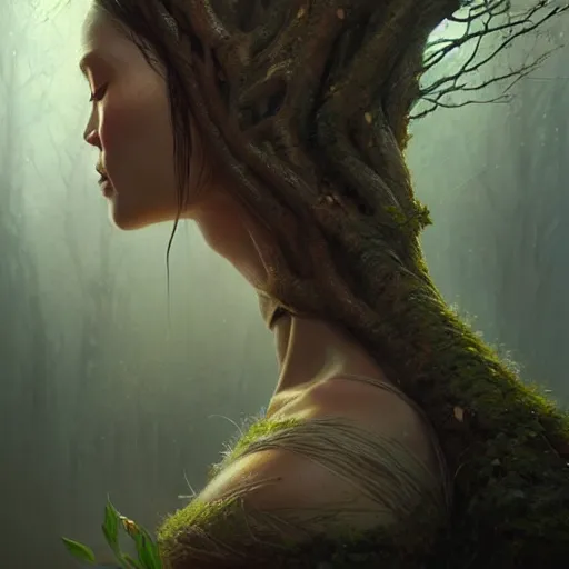 Image similar to a beautiful portrait of a tree goddess with closed eyes by Greg Rutkowski and Raymond Swanland, Trending on Artstation, ultra realistic digital art