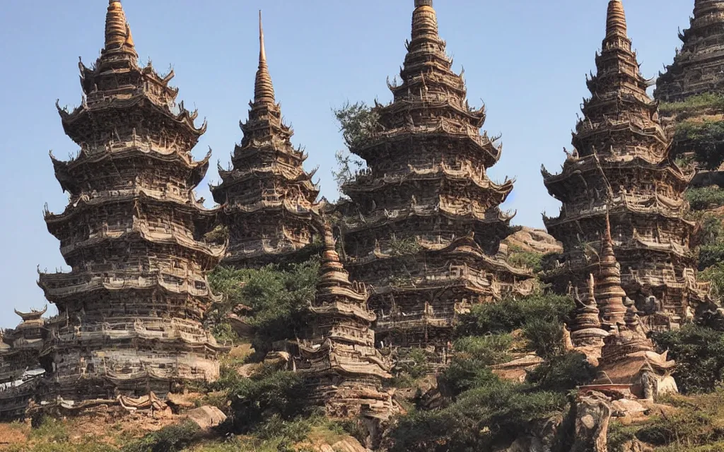 Prompt: twin chinese buddhist pagodas made of stone in a beautiful chinese landscape by michael whelan,