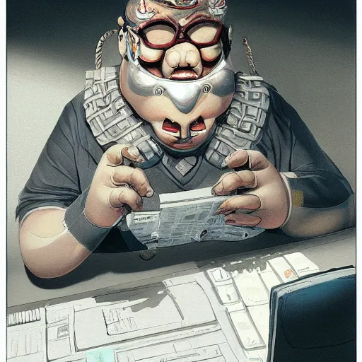 Image similar to a insanely detailed painting of a chubby masked asian man wearing a costume sitting at a desk, staring at the nervously at the computer typing, in the style of peter mohrbacher, dramatic lighting and composition, trending on artstation, concept art, comic book