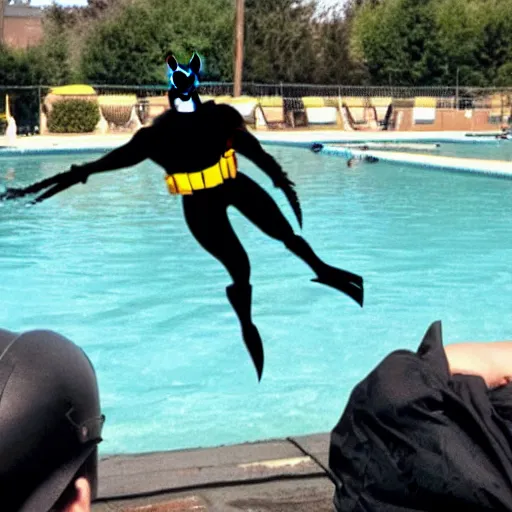 Image similar to batman doing a dive in the local pool