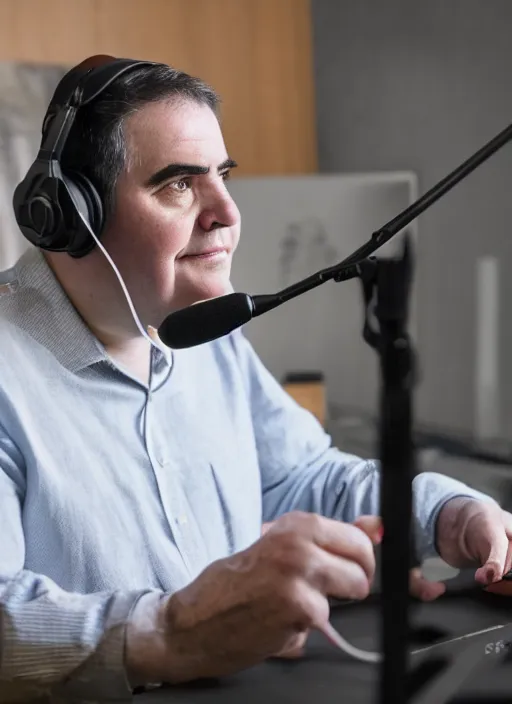 Prompt: photograph of thomas aquinas recording a podcast wearing headphones 8k UHD detailed 85mm CANON EOS