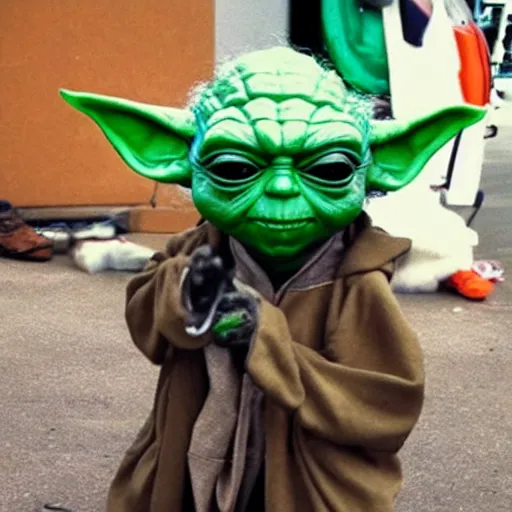 Prompt: yoda dressed as a rapper in the inner city