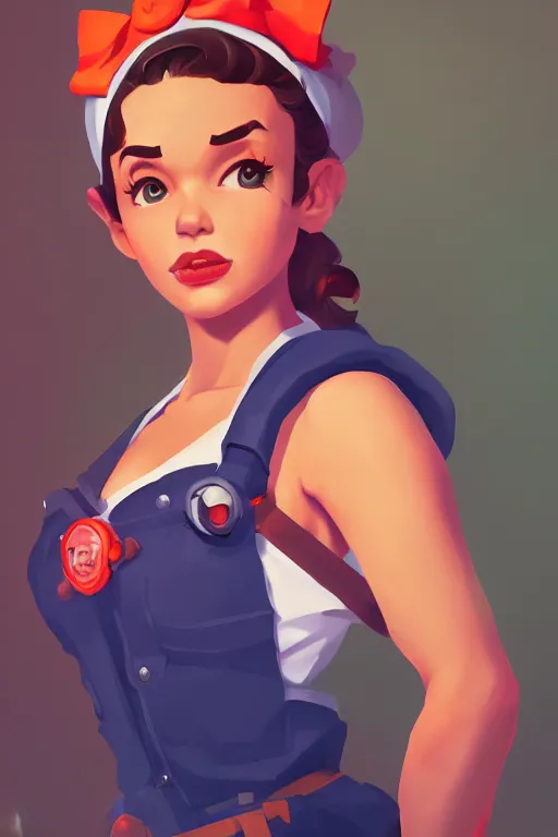 Image similar to a portrait of a cute rosie the riveter, industrial setting, overwatch art team, vivid colors, soft lighting, atmospheric, cinematic, moody, splash art in the style of ilya kuvshinov, oil on canvas, 8 k