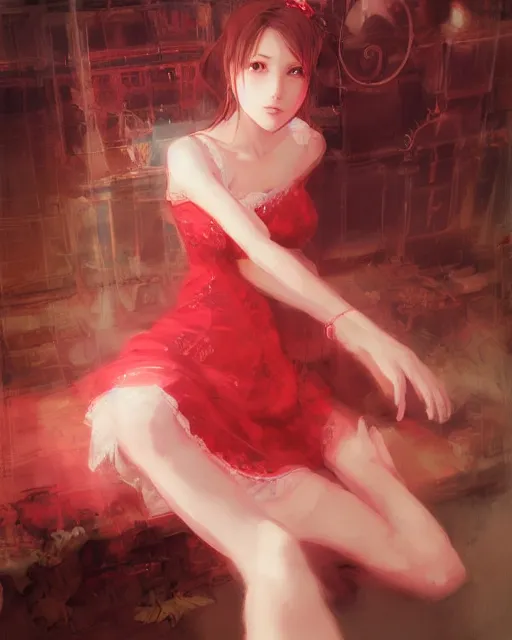 Image similar to aerith gainsborough in red lace skirt, portrait, illustration, rim light, top light, perfectly shaded, soft painting, art by krenz cushart and wenjun lin