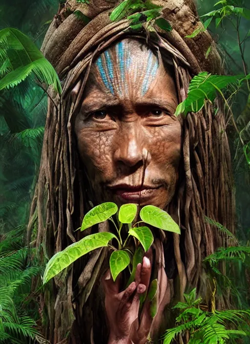 Image similar to beautiful matte painting of a portrait of a plant teacher spirit uchu sanango in the jungle, tribal face paintings, ayahuasca, matte painting, realistic