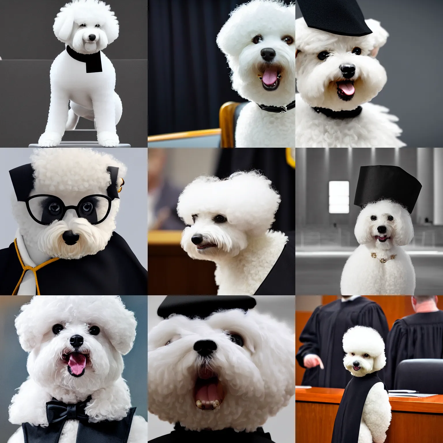 Image similar to a closeup photorealistic photograph of a cute smiling white bichon frise judge wearing a black gown and addressing a courthouse. this 4 k hd image is trending on artstation, featured on behance, well - rendered, extra crisp, features intricate detail, epic composition and the style of unreal engine.