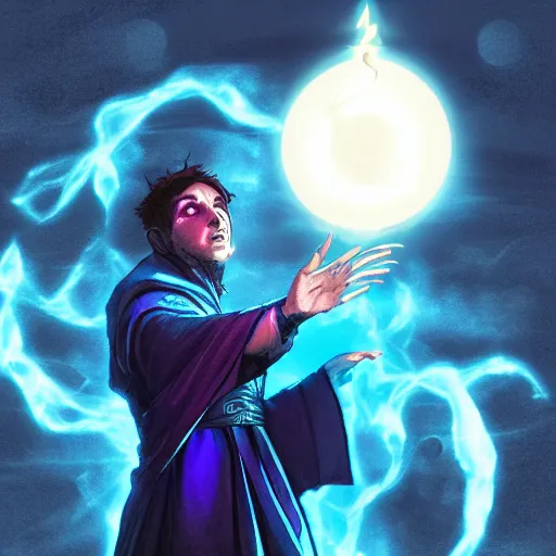 Image similar to a warlock is casting a magic spell, while magic orb is floating in his hand, the magic orb emit a blueish vapour, dynamic pose, chromatic aberration , medium level shot, Mucha style , Grim fantasy, illustration ,concept art,