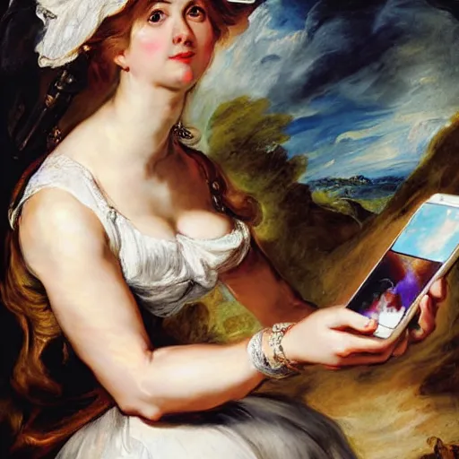 Image similar to heavenly summer sharp land sphere scallop well dressed lady taking a selfie with her iphone auslese, by peter paul rubens and eugene delacroix and karol bak, hyperrealism, digital illustration, fauvist, iphone