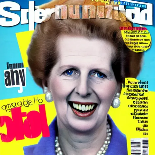 Prompt: margaret thatcher in rain on the cover of swimsuit illustrated