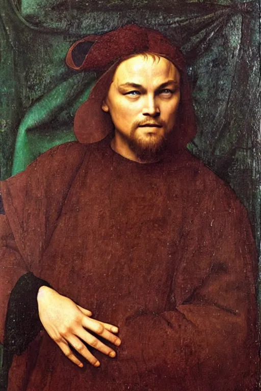 Image similar to 1 4 0 0 s renaissance portrait of leonardo dicaprio oil painting by jan van eyck, northern renaissance art, oil on canvas, wet - on - wet technique, realistic, expressive emotions, intricate textures, illusionistic detail