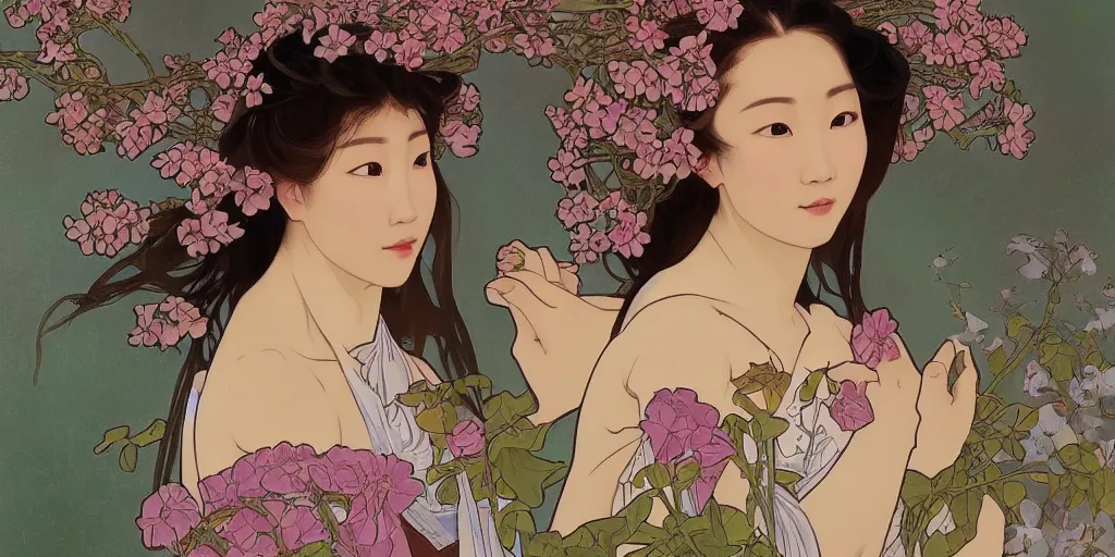 Image similar to a portrait of a very beautiful Asian young woman with giant flowers behind her head, in the style of WLOP and Alphonse Mucha and Ross Tran, with a drone flying in the air, realistic, seductive, closeup, facing the camera, dramatic lighting